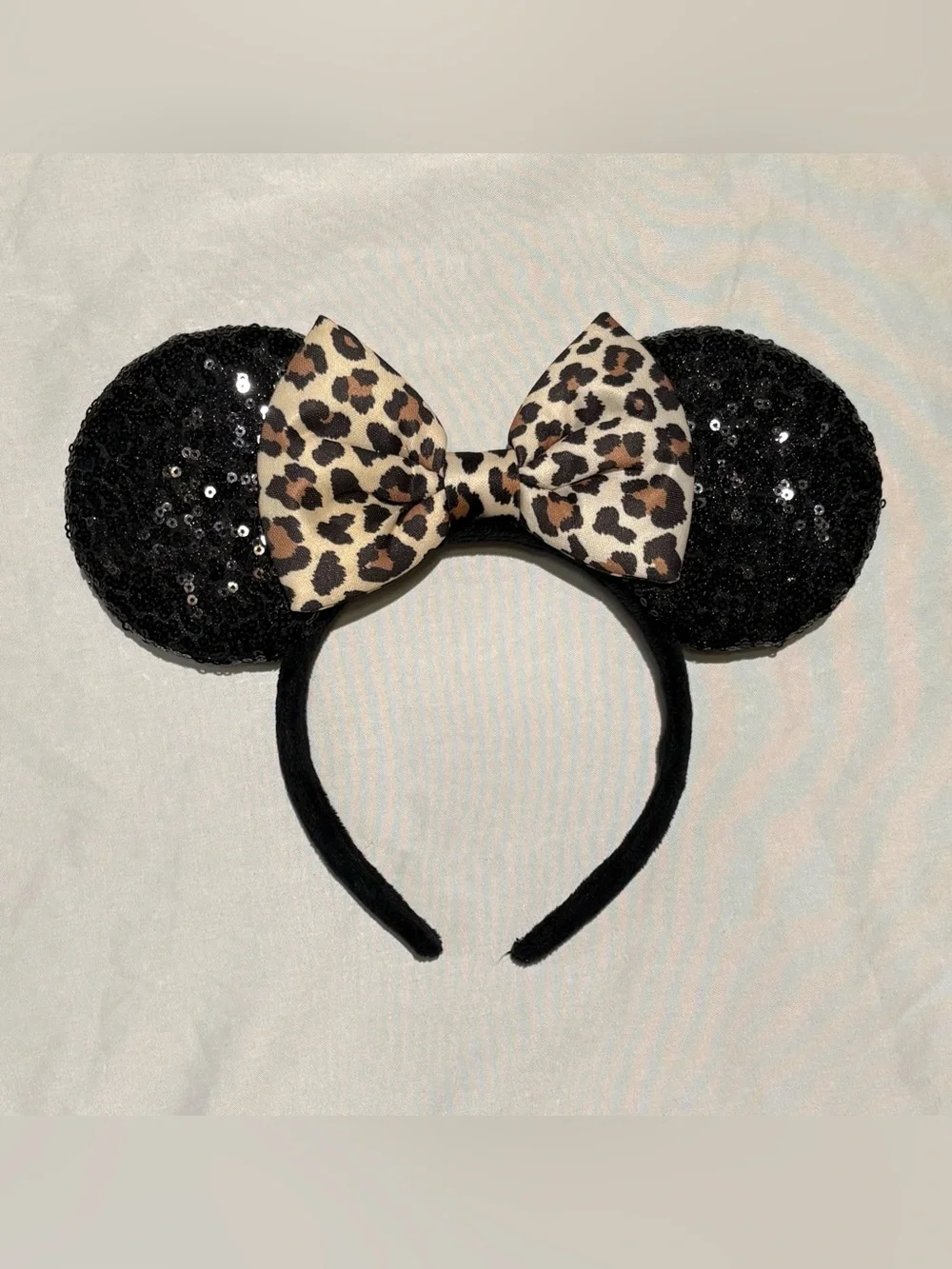 Black Sequin Mouse Ears Headband Leopard Print Bow Minnie Style Costume